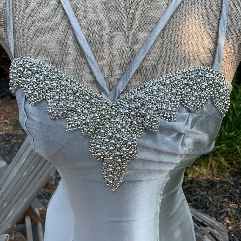 Vintage Silver Satin Maxi Dress with Beaded Bodice Grad Prom dress - Picture 2 of 16